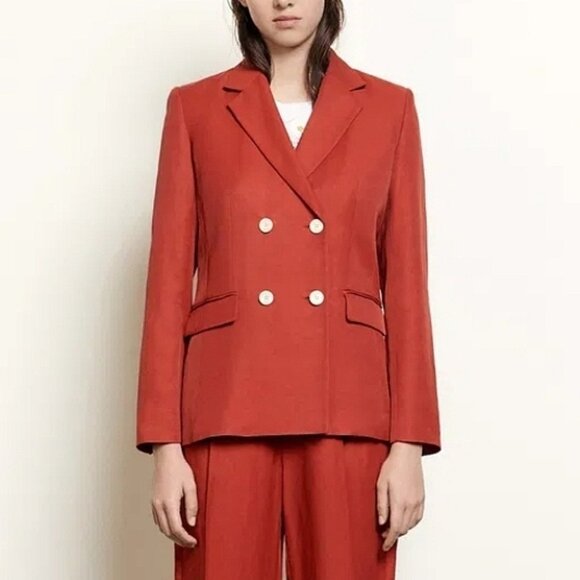 Sandro Paris Double-breasted Twill Oversized Blazer Jacket Sz 36/ 4 US Red - Picture 1 of 13